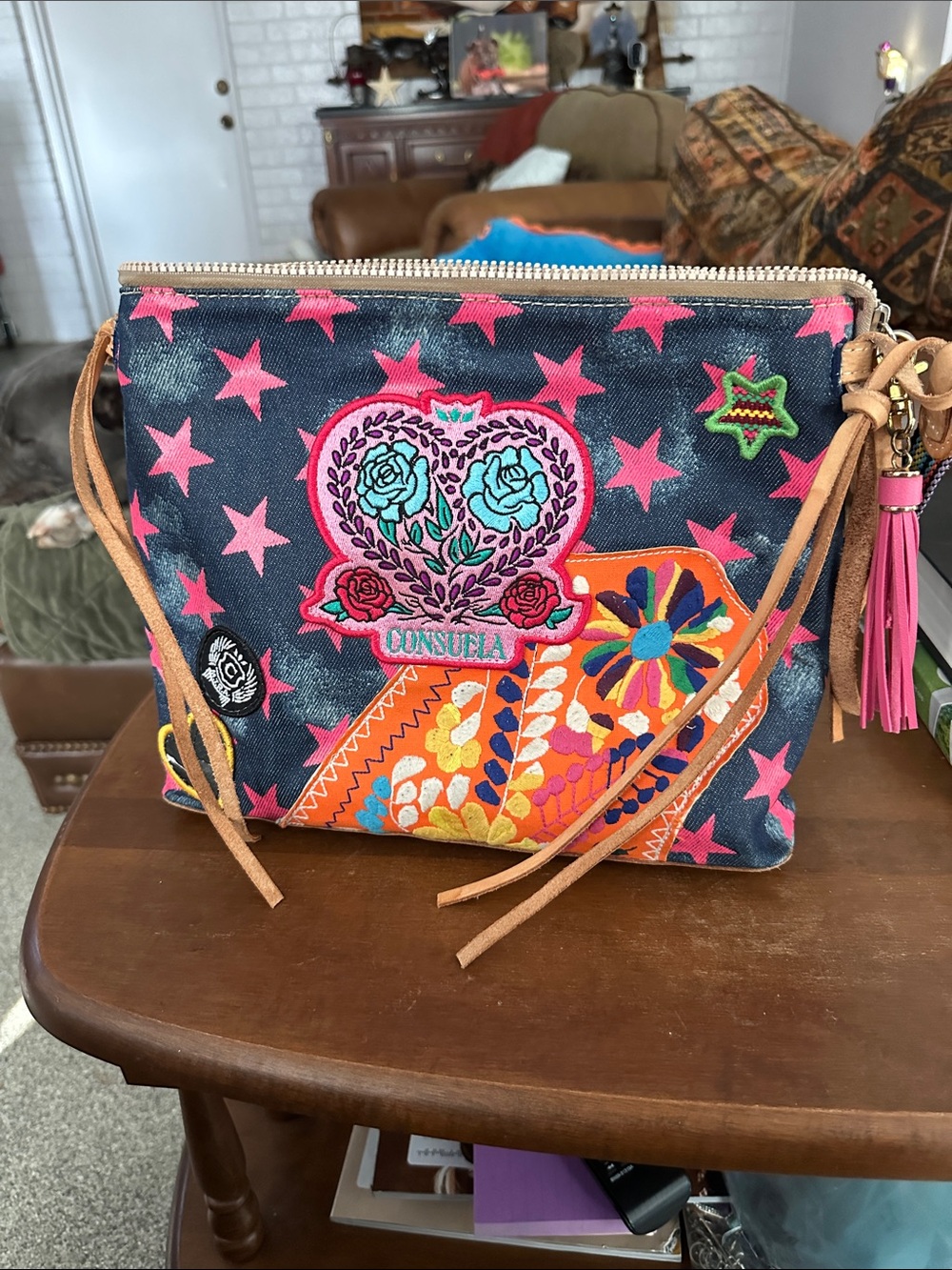 Consuela Drew Downtown Crossbody Blue with Pink Stars & Multicolor Embroidery